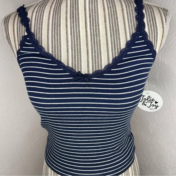 Y2K cotton Navy striped size medium llace cami tank top - Picture 3 of 4